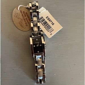 FOSSIL Watch Silver Tone Swarovski Crystal Black Face